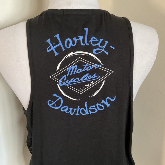 Harley-Davidson Black Lace Accent Mesh Woven Tank Top Sleeveless Shirt Snap SZ M - Picture 5 of 5